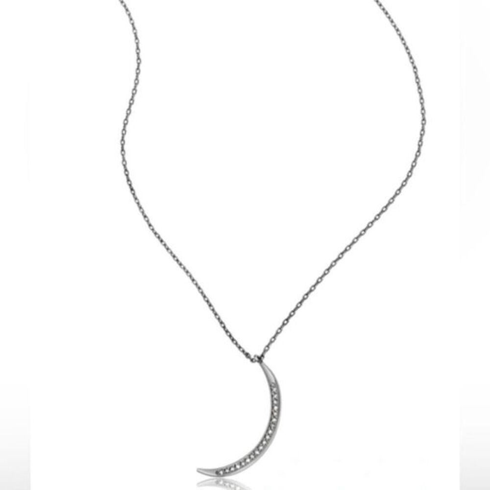 Sterling Silver Pave Diamond Crescent‎ Moon Pendant Necklace